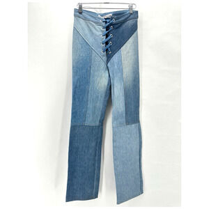 NWT EB DENIM Patchwork Lace Up Jeans Womens S Blue HR Straight Leg Festival Boho